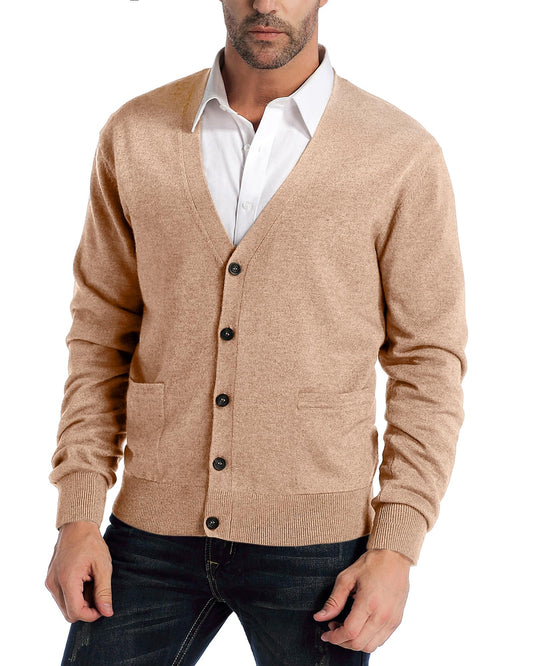 Kallspin Men's Tall Cardigan Sweaters Wool Blend V Neck Button Down Sweaters with Pockets(Coffee, L-Tall)