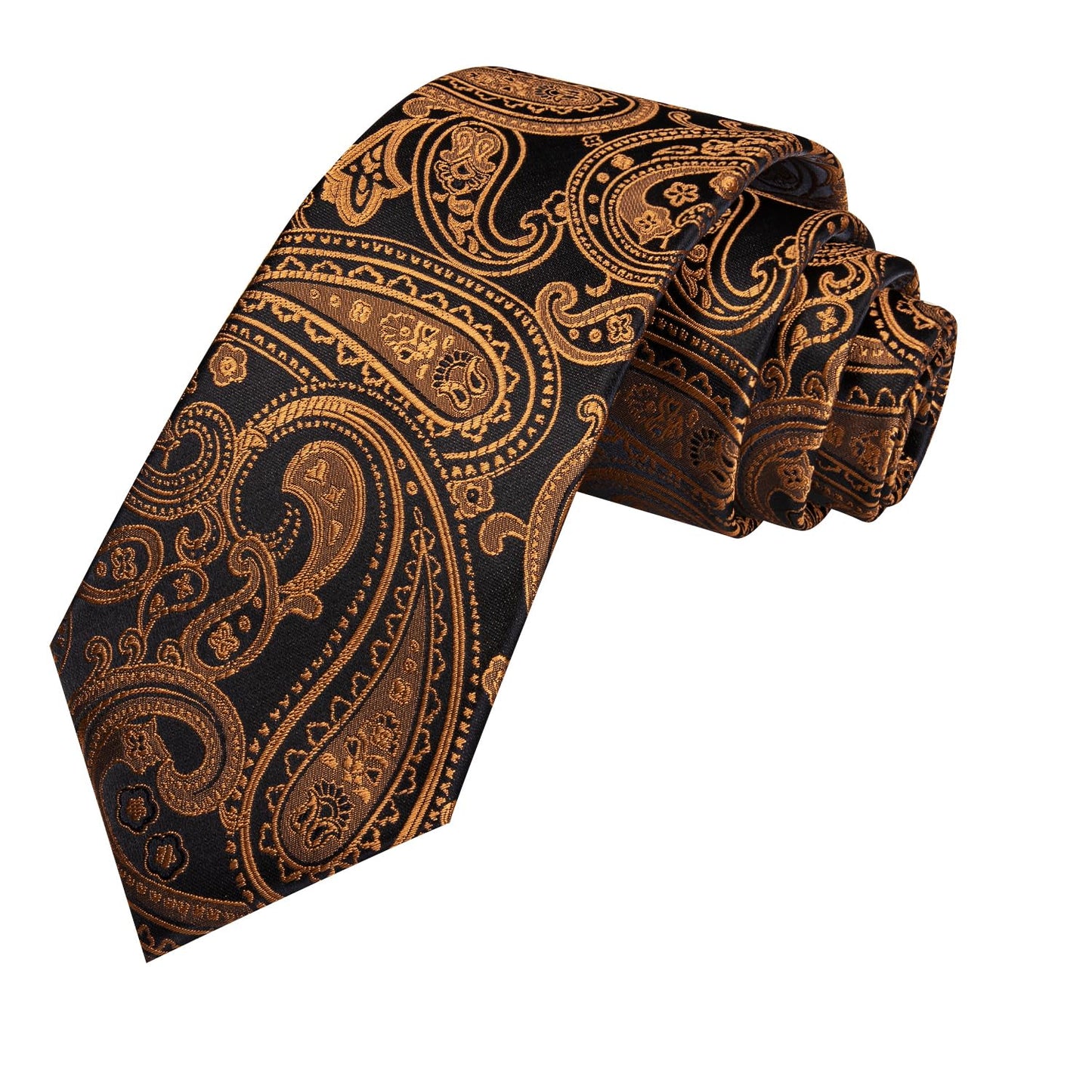 Hi-Tie Black Gold Extra Long Ties for Men 70''Silk Paisly Men's Ties Set Necktie and Pocket Square Cufflinks for Wedding