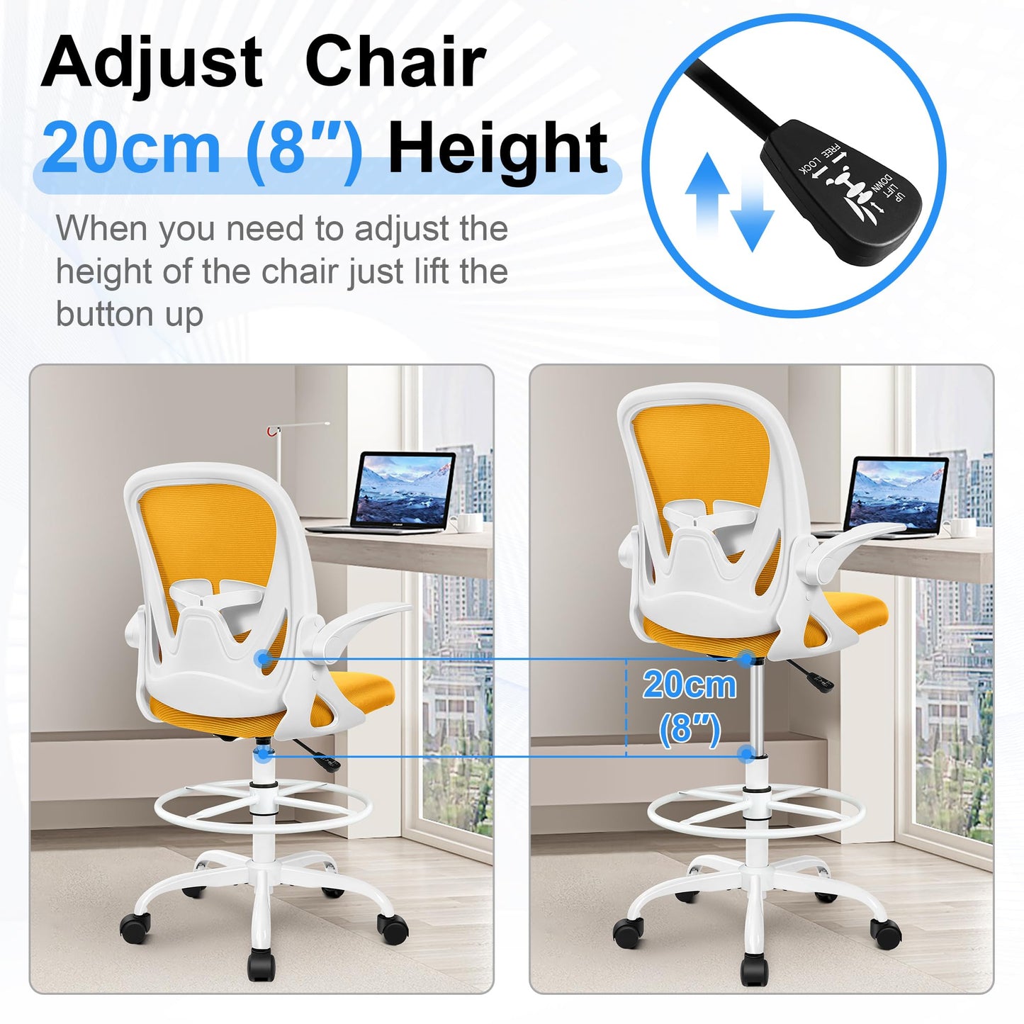 Primy Drafting Chair Tall Office Chair with Flip-up Armrests Executive Ergonomic Computer Standing Desk Chair with Lumbar Support and Adjustable Footrest Ring (Mustard)