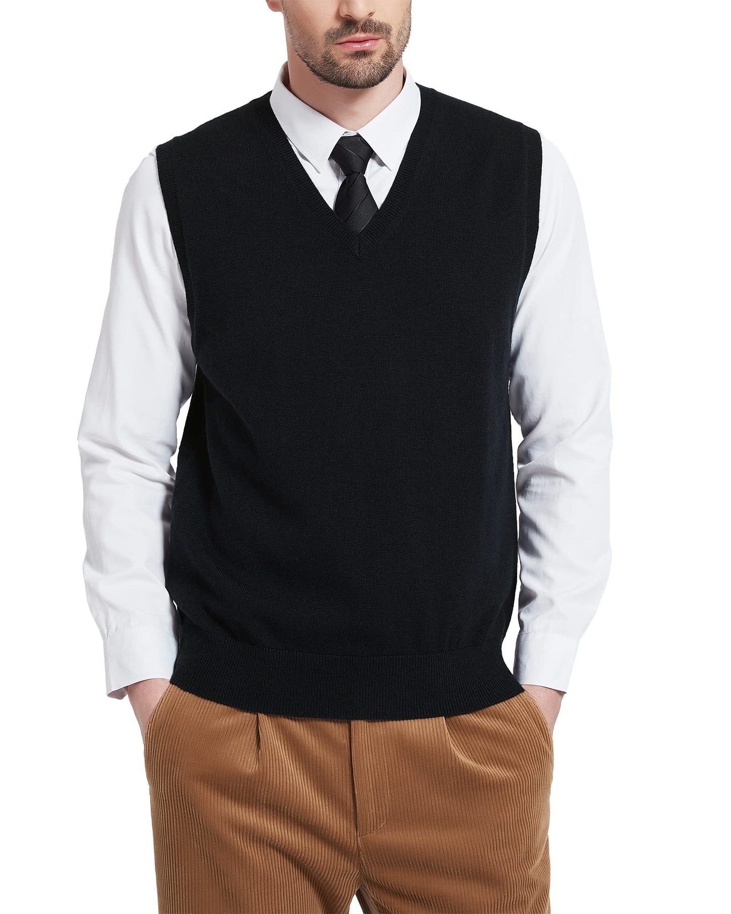 Kallspin Men's Big & Tall Wool Blended Vest Sweater Relaxed Fit V Neck Sleeveless Knitted Pullover (Black 2XL-Tall)