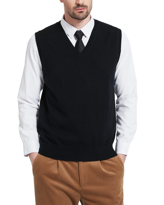 Kallspin Men's Big & Tall Wool Blended Vest Sweater Relaxed Fit V Neck Sleeveless Knitted Pullover (Black 2XL-Tall)