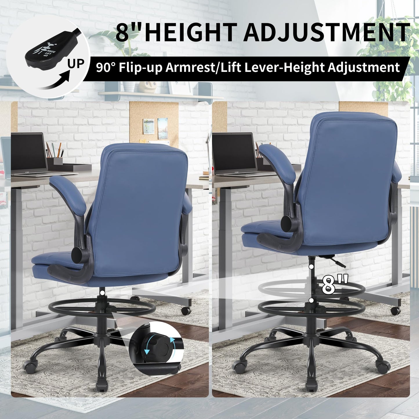 Misolant Leather Drafting Chair, Tall Office Chair for Standing Desk, High Executive Office Chair with Adjustable Height and Flip-up Armrest for Counter Height Desk