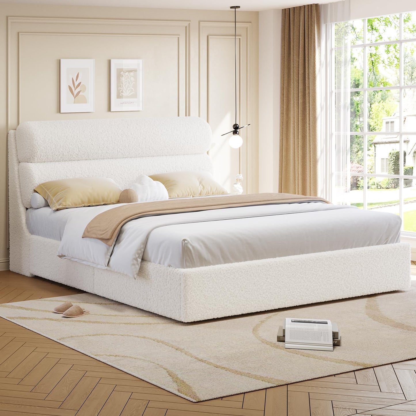 DICTAC California King Boucle Bed Frame with Headboard, Upholstered Platform Bed with Wood Slats, Soft Cloud Bed with Solid Wood Legs, No Box Spring Required, Easy Assembly, Cream