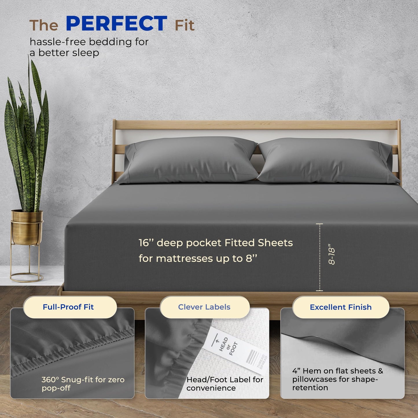 THREAD SPREAD 100% Egyptian Cotton Sheets California King Size - 1000 High Thread Count, Luxury 5-Star Hotel 4 PC Sateen Dark Grey Cali King Sheets, Extra Long Staple 16" Deep Pocket Bed Sheet Sets