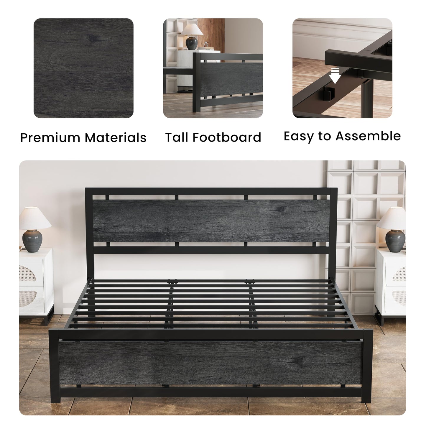 LIKIMIO California King Bed Frame with Headboard and Footboard, Metal Strong Supports, Easy Assembly, Noise-Free, No Box Spring Needed, Charcoal Grey