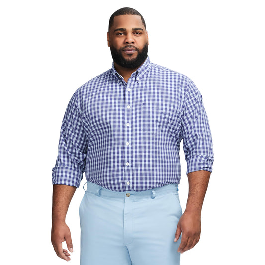 IZOD Men's Big and Tall Performance Comfort Long Sleeve Gingham Button Down Shirt, Skipper Blue