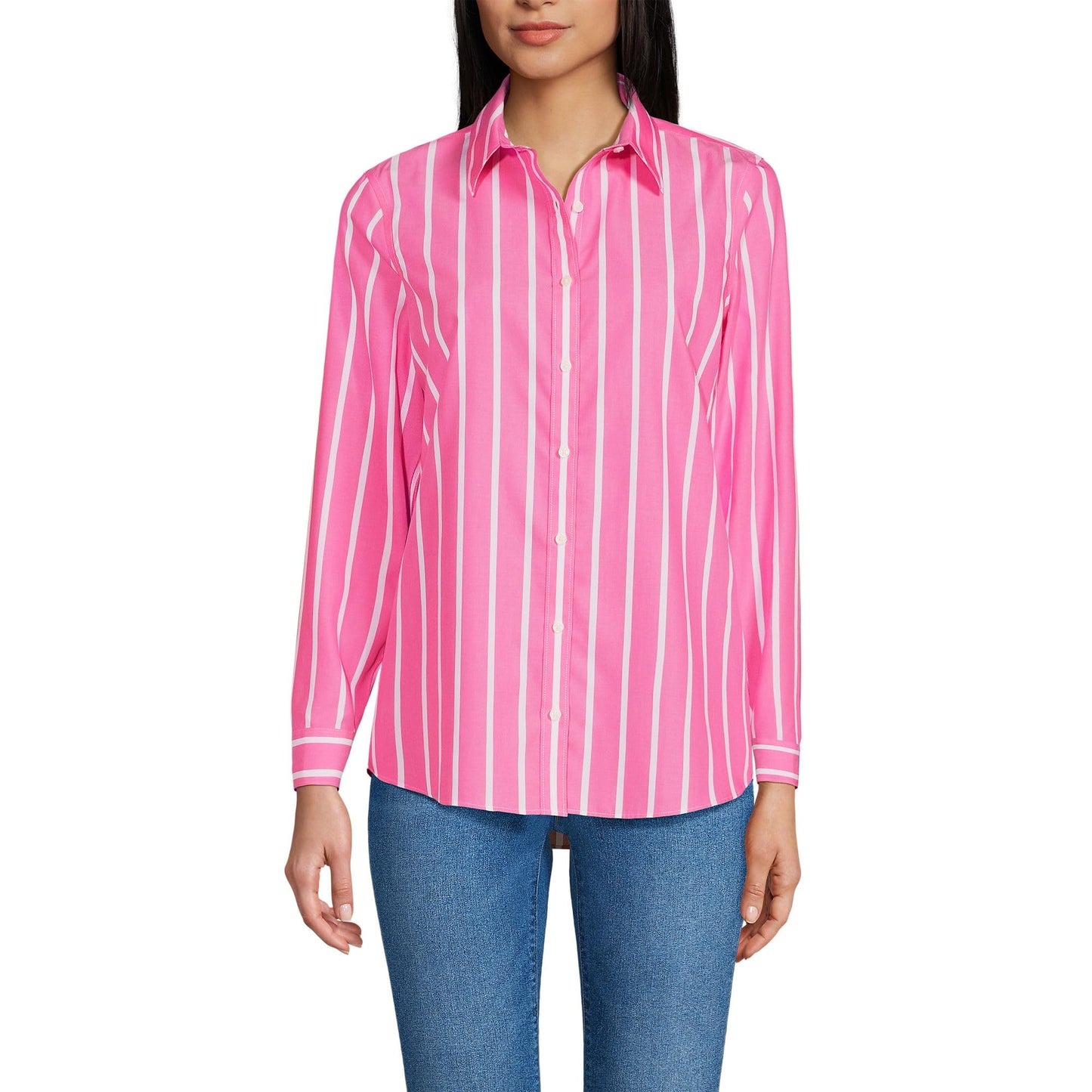 Lands' End Womens LS No Iron Button Front Shirt Apple Blossom Classic Stripe Petite 14