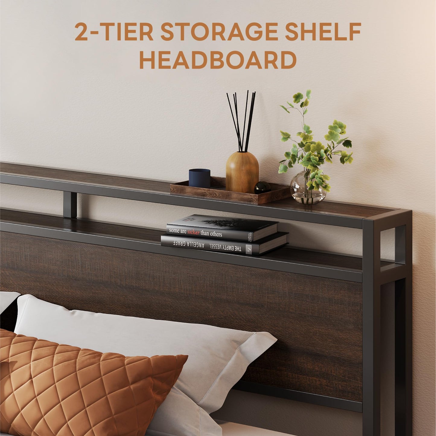 LIKIMIO California King Bed Frame with Headboard, Dark Wood Camas California King with Strong Supports, Sturdy, Noise-Free, No Box Spring Needed, Dark Brown