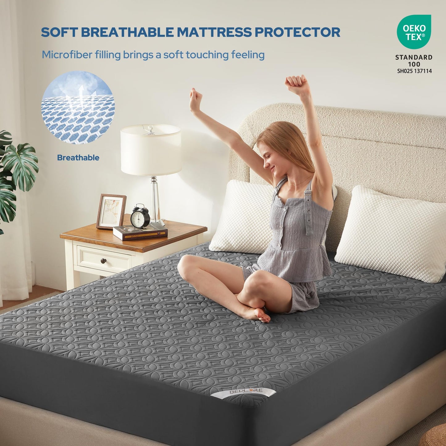 BEDLORE Waterproof Mattress Protector, California King Size Mattress Pad with Deep Pocket 6"-18" Depth, Soft Noiseless Dirt-Proof Bed Mattress Cover Washable for Home, Bedroom, Hotel (Gray)