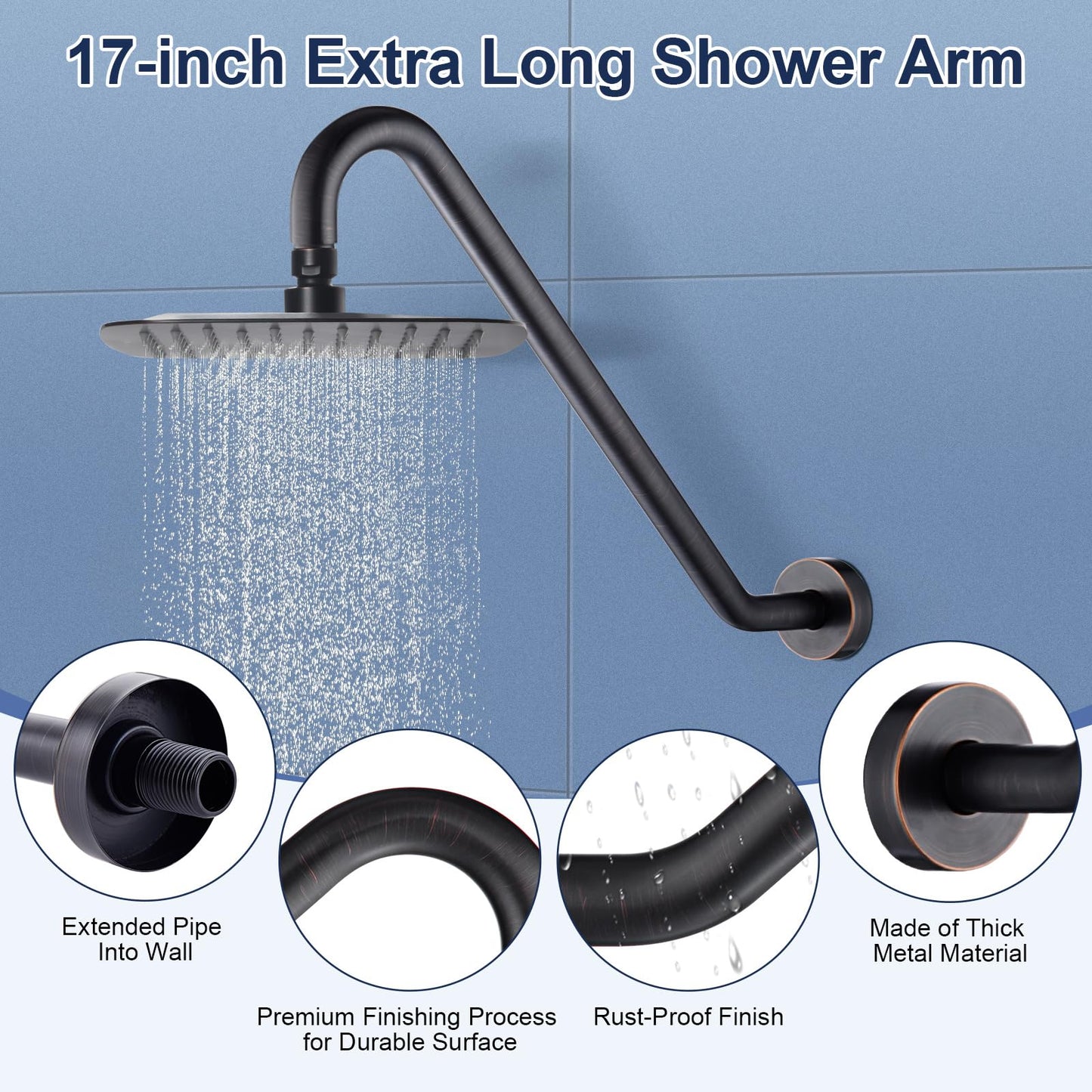 Uvish 17" Shower Head Riser Pipe, Stainless Steel High Rise Long Neck Shower Head Arm Extender for Rain Shower Head, Standard 1/2" Connection, Oil Rubbed Bronze