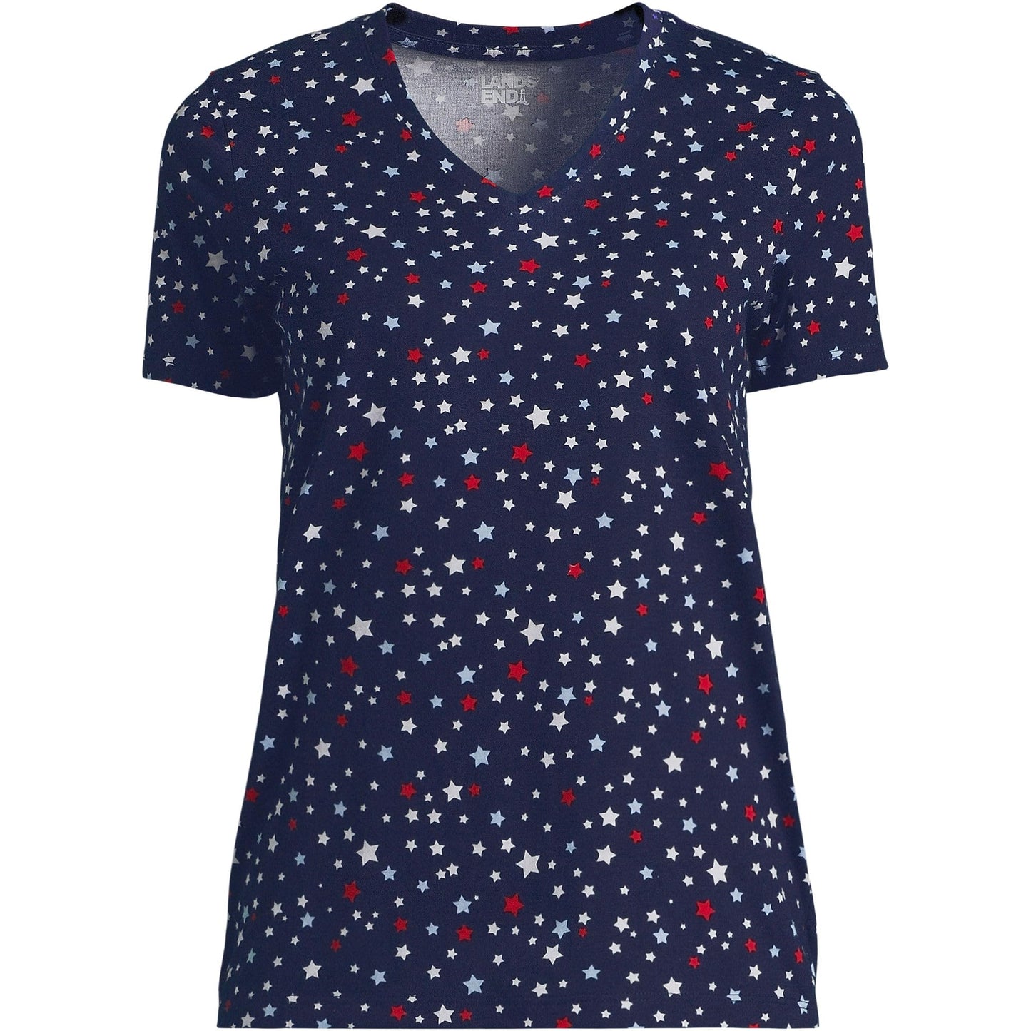 Lands' End Womens SS Relaxed Supima V Neck T Shirt Deep Sea Navy Stars Tall Small