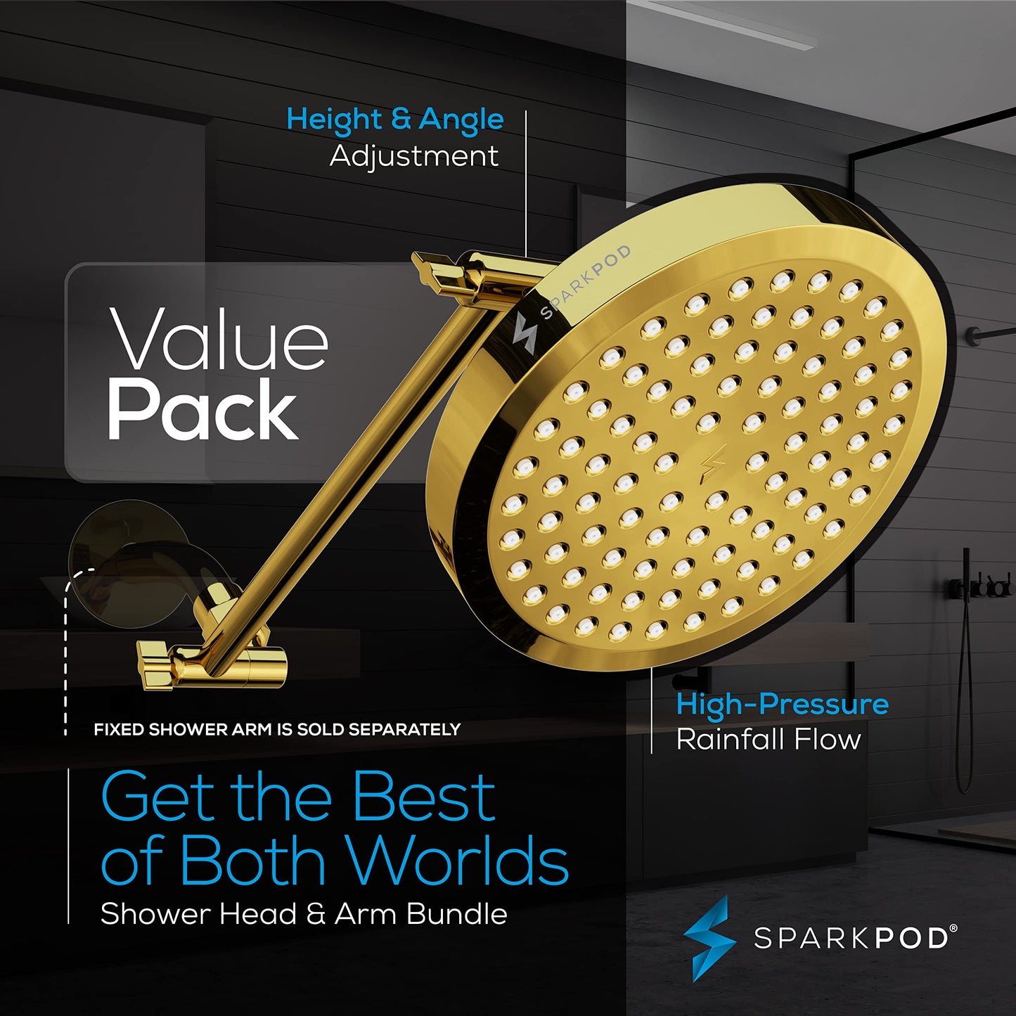 SparkPod Round Rain Shower Head with Extension Arm - Height Adjustable Shower Head with High Pressure Performance - Easy 1-Minute Installation (11" Arm Extension, Egyptian Gold)