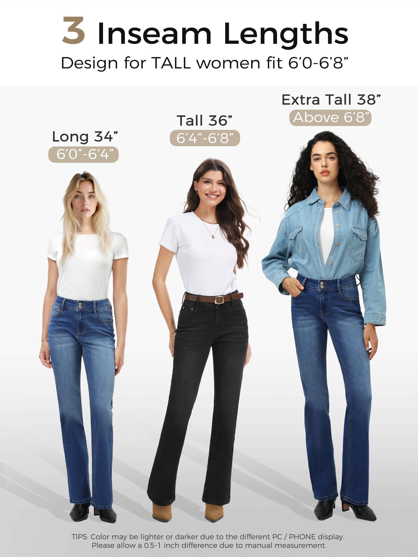 Tallemon Tall Women's Bootcut Jeans Curvy Mid-Rise Stretchy Denim Pants Classic Bell Bottom Trouser,38",Light Blue,6