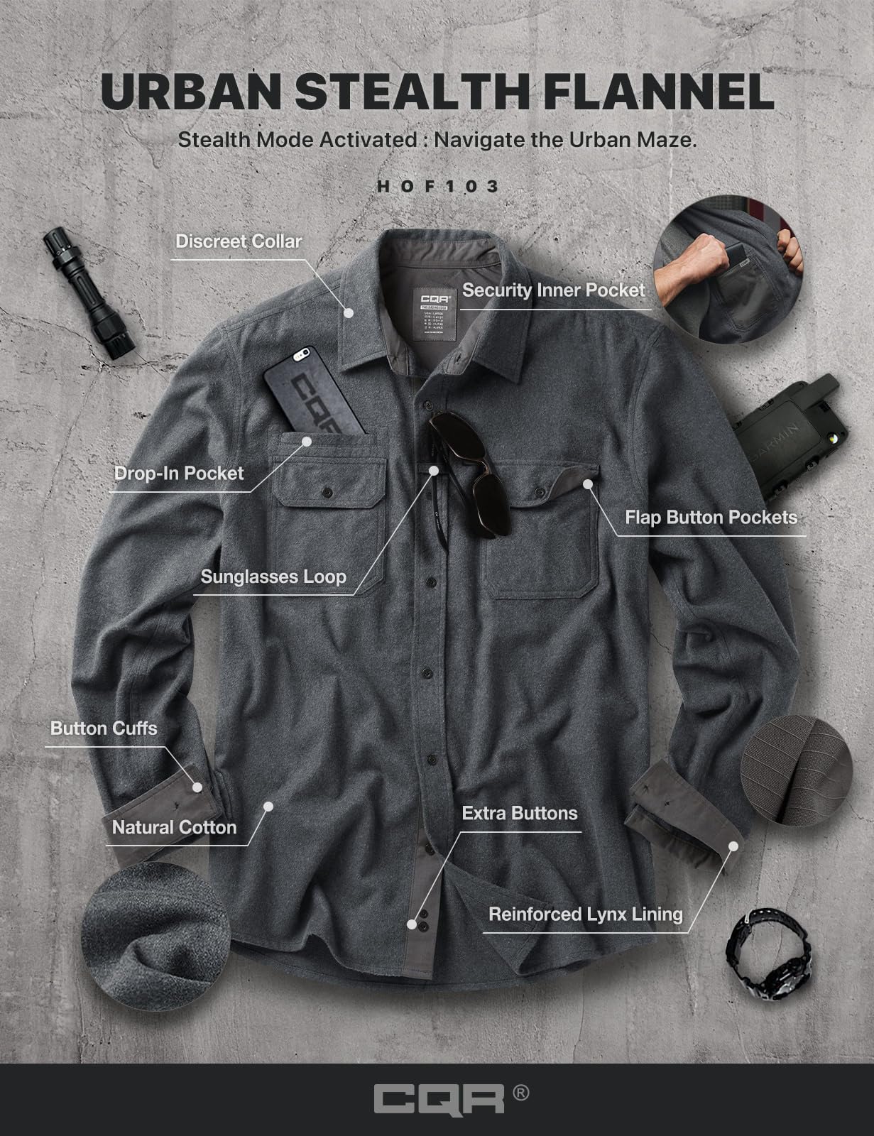 CQR Men's Flannel Button Down Shirts, Soft Cotton Plaid Long Sleeve Tactical Work Shirt, Warm Outdoor Essential with Pocket, Stealth Grey, XX-Large Tall