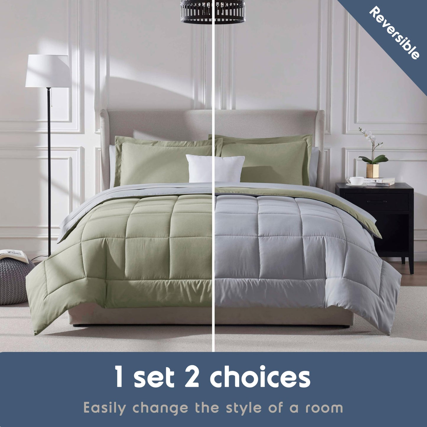 Nestl 7 Piece California King Comforter Set – Light Sage Reversible Bed in a Bag – Complete Cal King Size Bedding Set with Sheets, Pillowcases and Shams