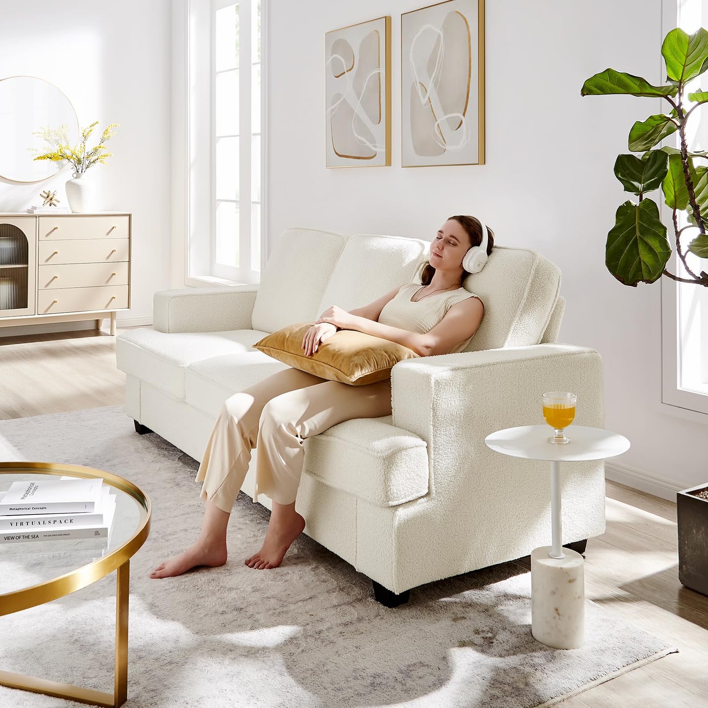 Couches for Living Room, 85” Cloud Couch in Soft Teddy Fleece, Removable Cover, Easy Assembly, Modern Sofa for Living Room/Bedroom/Office/Apartment, Beige