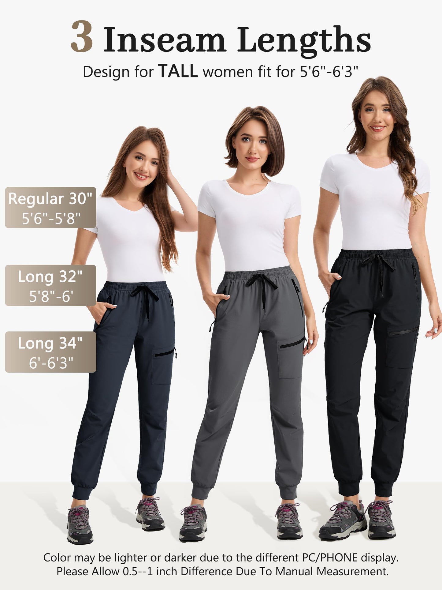 Tallemon Womens Tall Hiking Pants 30/32/34 Inseam Lightweight Joggers Quick Dry 4 Pockets Travel Athletic Cargo UPF50+ 34" Dark Gery Medium