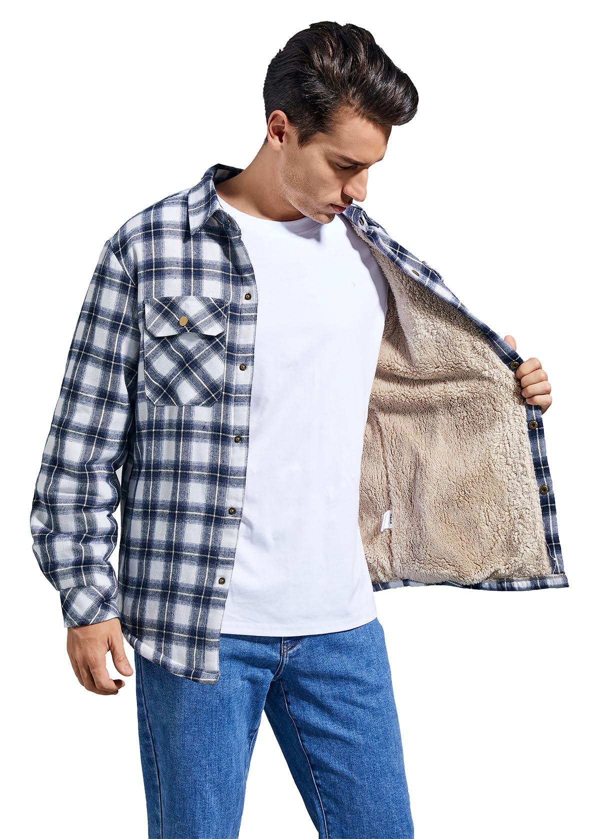 Puwasa Men's Lightweight Cotton Jacket Fleece Lined Flannel Jacket Button Up Shirts Long Sleeve Winter Coat Blue X-Large Tall
