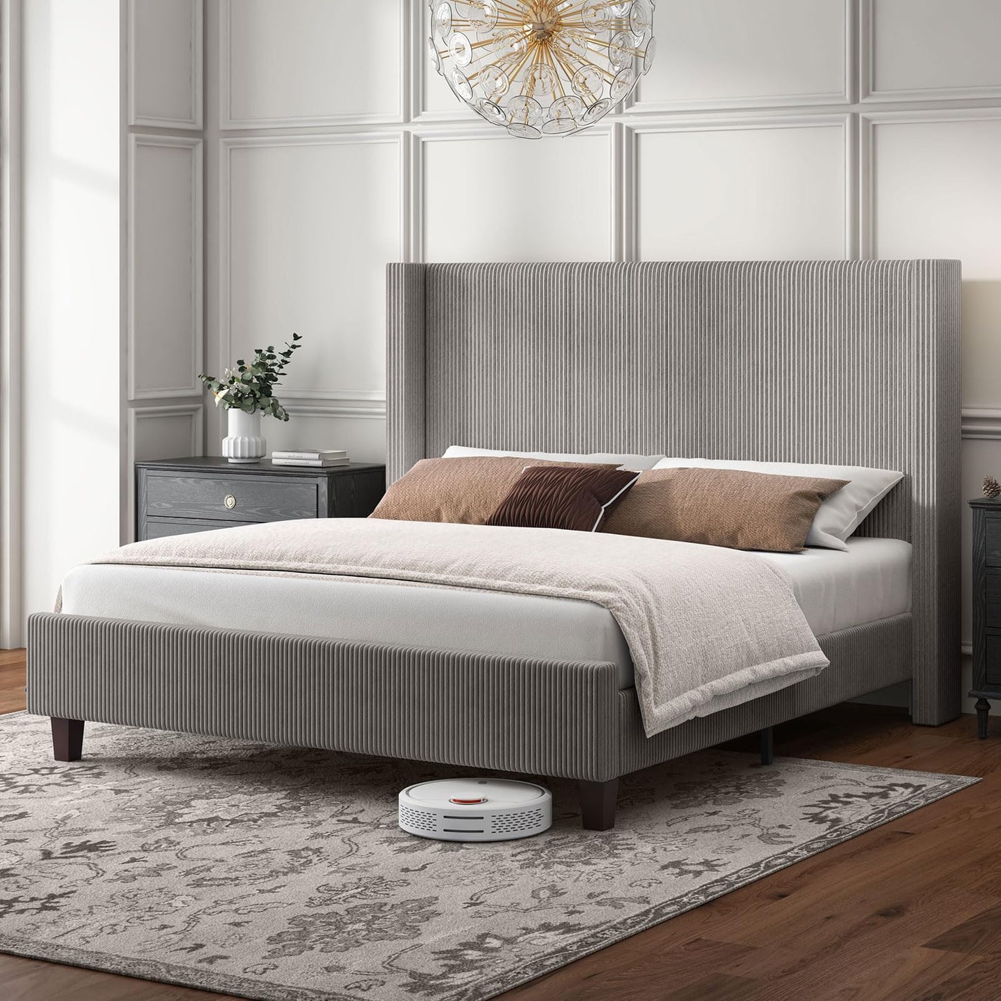 HOWE California King Size Upholstered Platform Bed Frame, Wingback Bed with 50.8" Headboard, Corduroy/Solid Wood Leg/No Box Spring Needed/Noise Free/Taupe