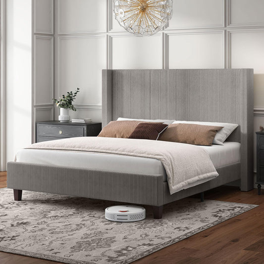 HOWE California King Size Upholstered Platform Bed Frame, Wingback Bed with 50.8" Headboard, Corduroy/Solid Wood Leg/No Box Spring Needed/Noise Free/Taupe