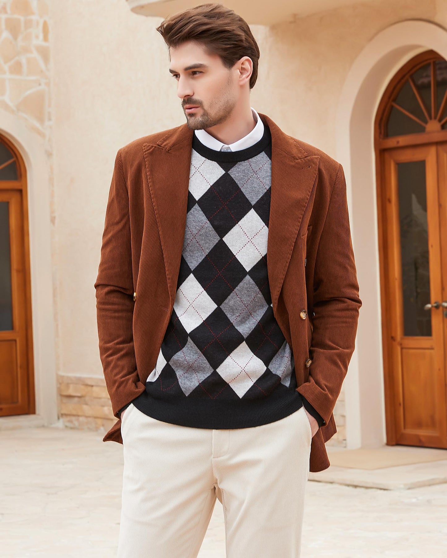 Kallspin Men's Wool Blend Crewneck Sweater Argyle Long Sleeve Pullover Sweater for Casual Or Dressy Wear(Black,XL-Tall)