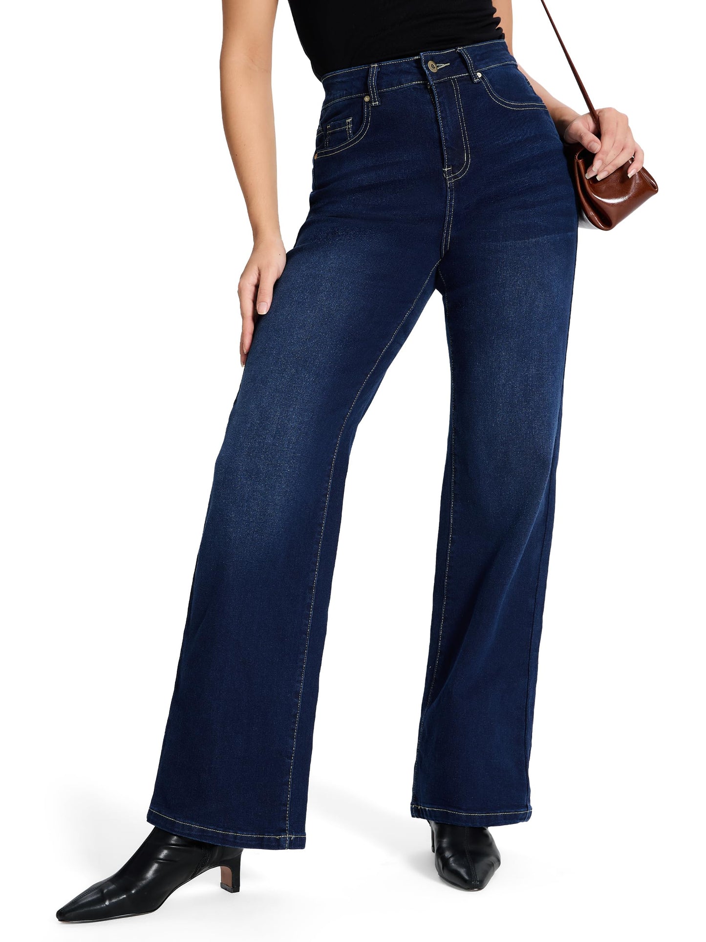 SEVEGO Women's 32"/34"/36" Tall Straight Leg Jeans Mid Waisted Stretchy Loose Denim Pants Casual Baggy Jean Trousers 36'', Dark Blue, XXL