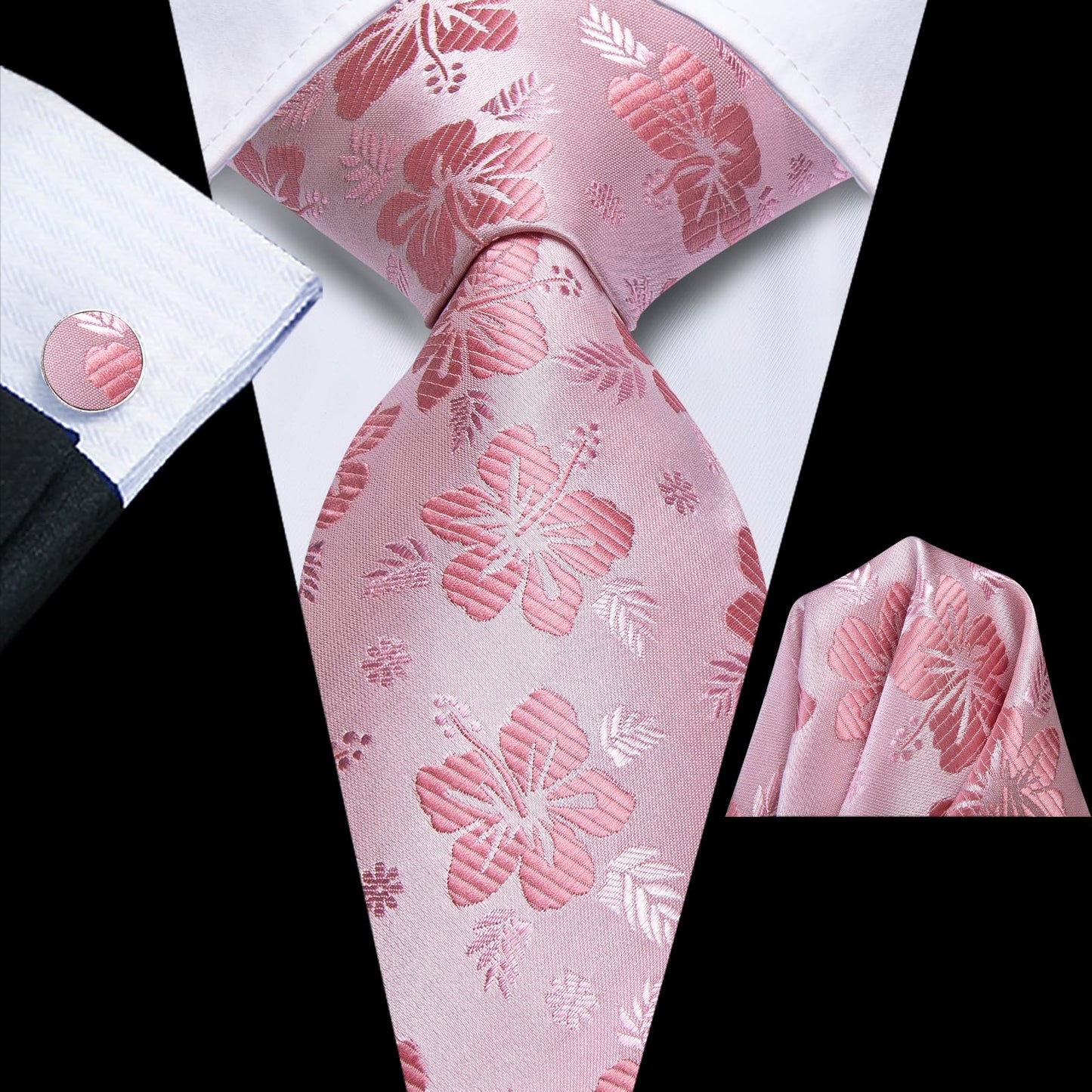 Hi-Tie 70'' Extra Long Ties for Men Silk Pink Mens Long Ties Set Floral Necktie and Pocket Square Cufflink for Wedding