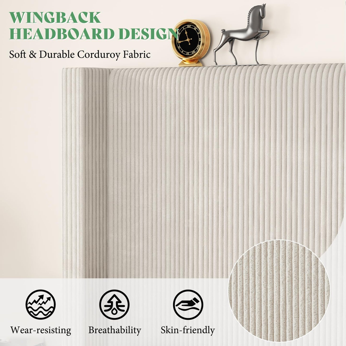 AMERLIFE California King Size Upholstered Bed Frame with 50.8" Tall Headboard, Wingback Platform Bed with Solid Wood Legs, Wooden Slats, Corduroy/No Box Spring Needed/Noise Free/Cream