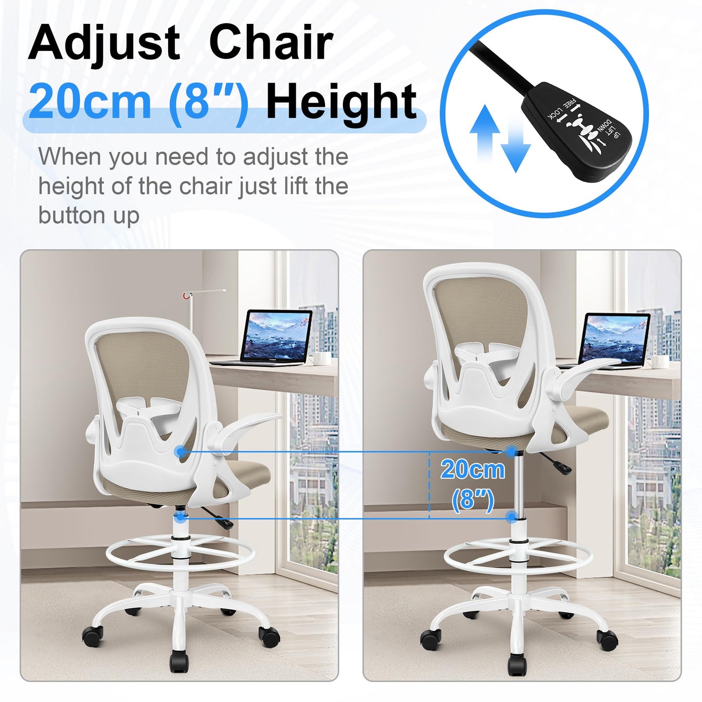 Primy Drafting Chair Tall Office Chair with Flip-up Armrests Executive Ergonomic Computer Standing Desk Chair with Lumbar Support and Adjustable Footrest Ring（Khaki）