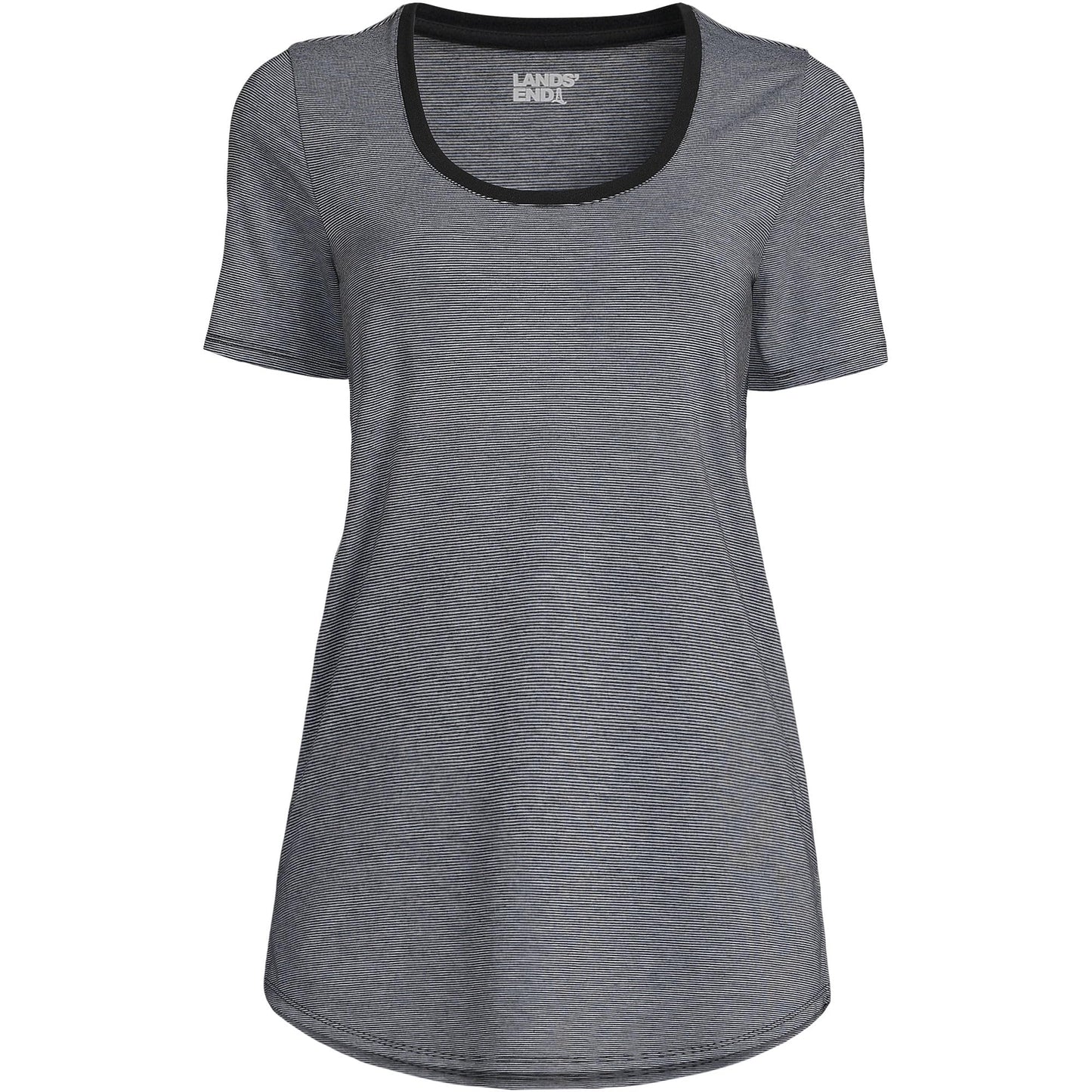 Lands' End Women's Tall Women's Short Sleeve Power Performance Scoop Neck Curved Hem Tunic Tee Large Black Pinstripe