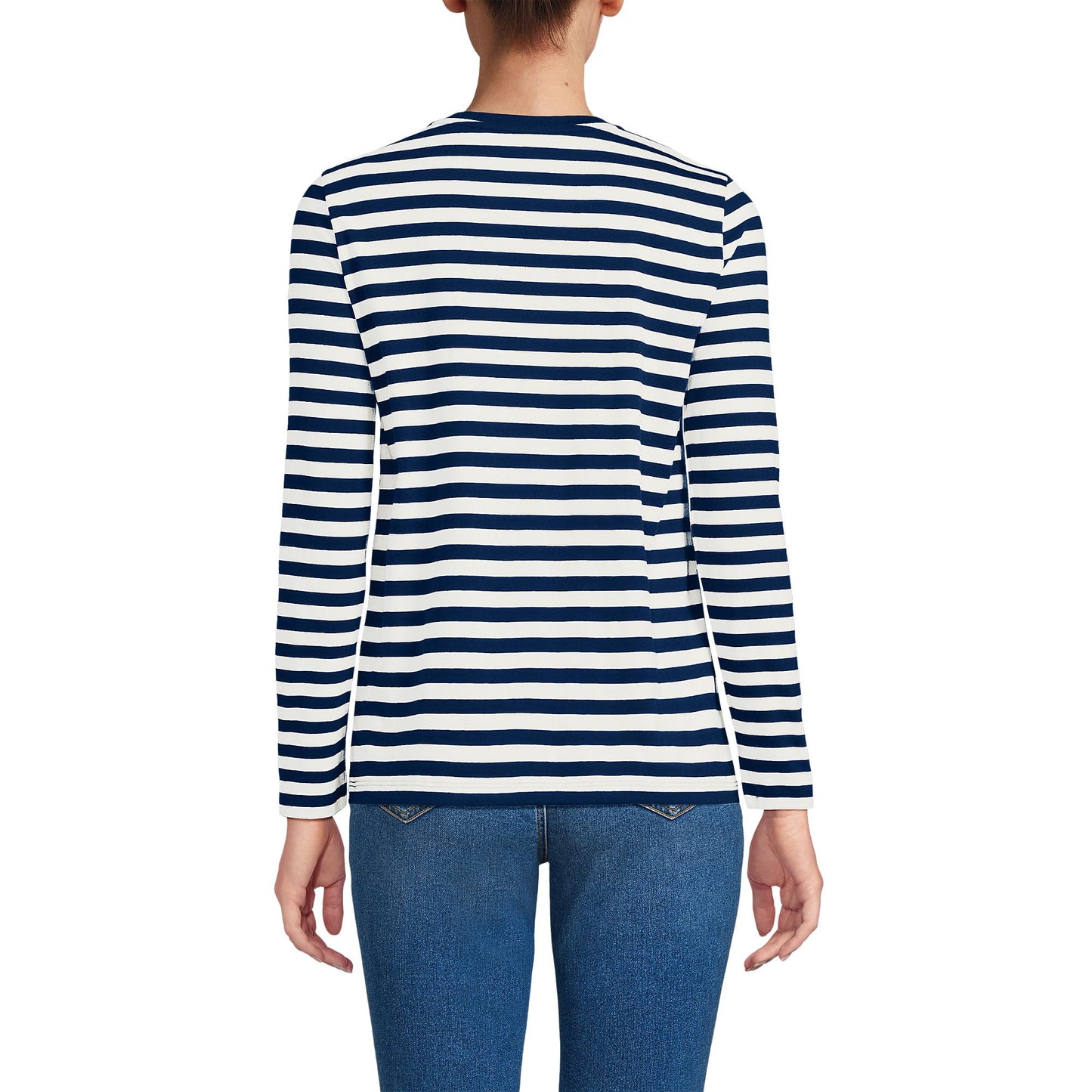 Lands' End Womens Long Sleeve Relaxed Supima Cotton Crew Neck T Shirt Deep Sea Navy Even Stripe Tall X-Large