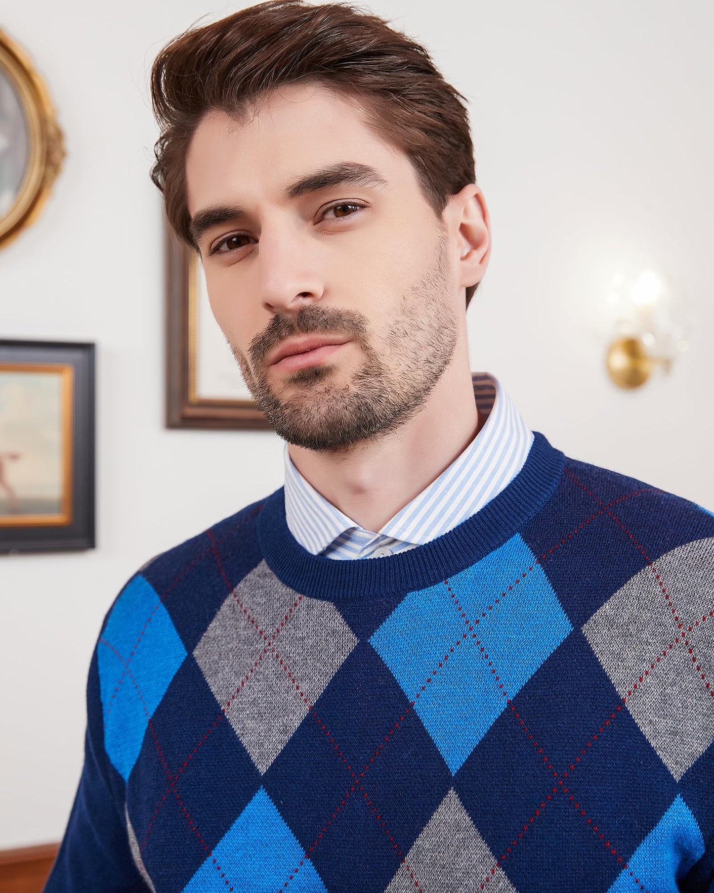 Kallspin Men's Wool Blend Crewneck Sweater Argyle Long Sleeve Pullover Sweater for Casual Or Dressy Wear(Navy Blue,3XL-Tall)