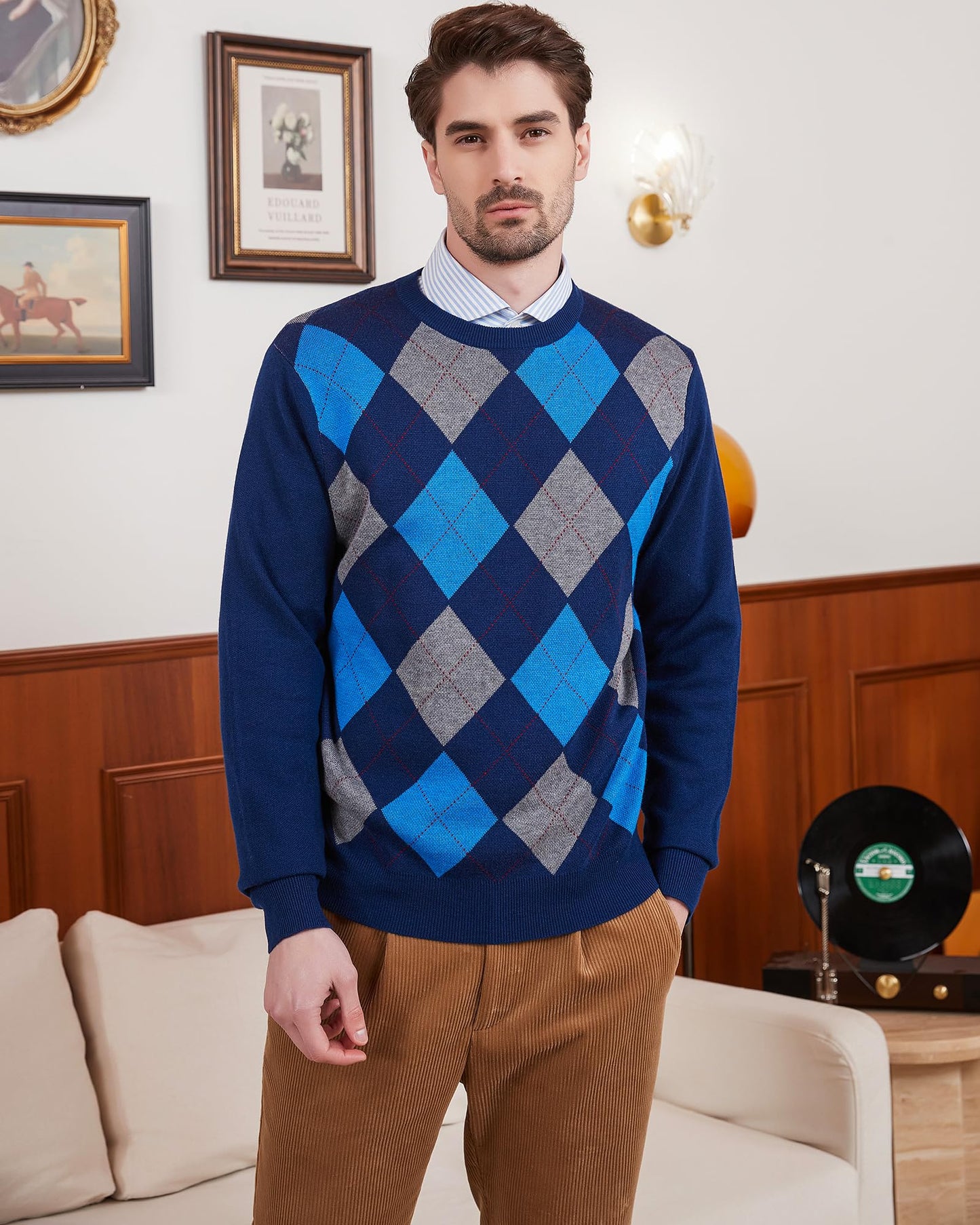 Kallspin Men's Wool Blend Crewneck Sweater Argyle Long Sleeve Pullover Sweater for Casual Or Dressy Wear(Navy Blue,3XL-Tall)