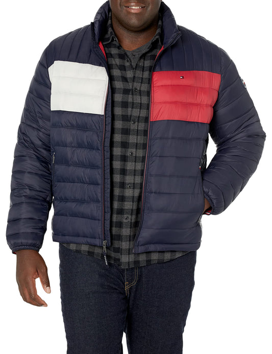 Tommy Hilfiger mens Ultra Loft Packable Puffer Jacket Down Alternative Coat, Tommy Flag Color Block, Large Tall US