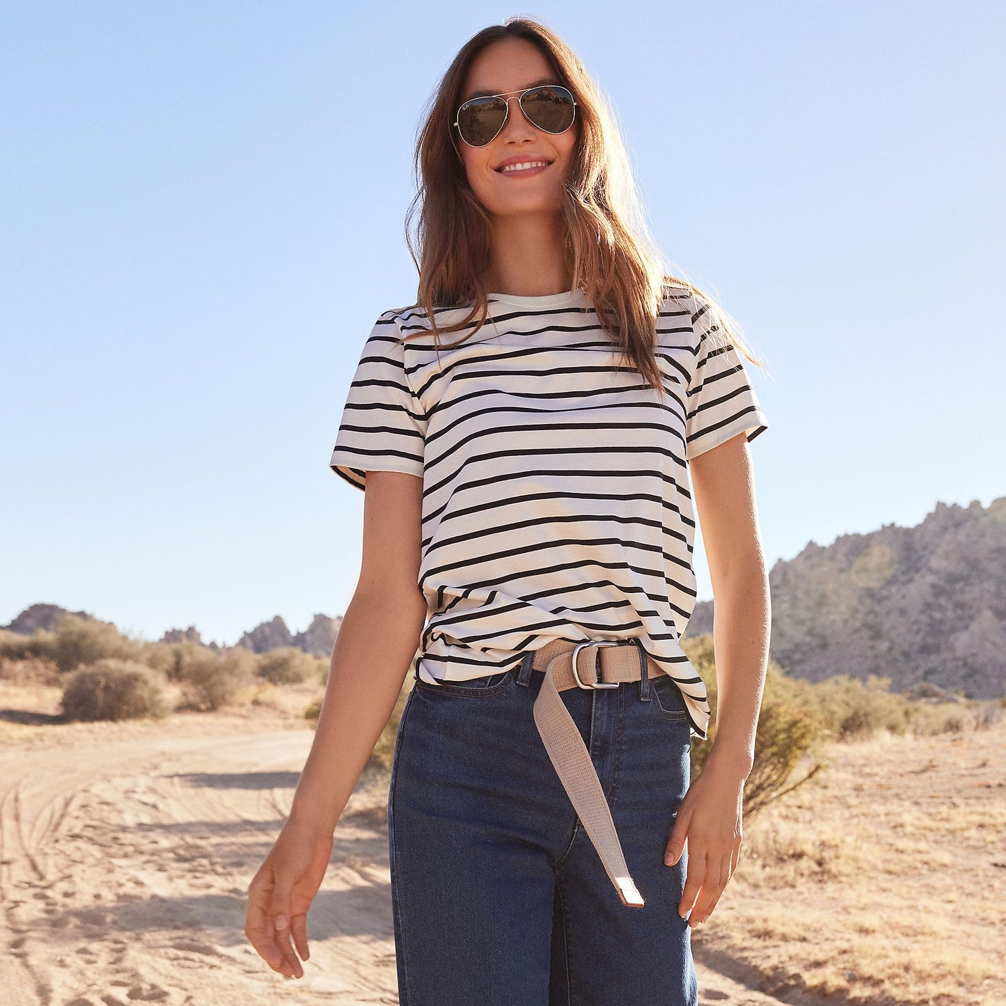 Lands' End Womens Short Sleeve Relaxed Supima Cotton Crew Neck T Shirt Ivory/Black Breton Stripe Tall Large