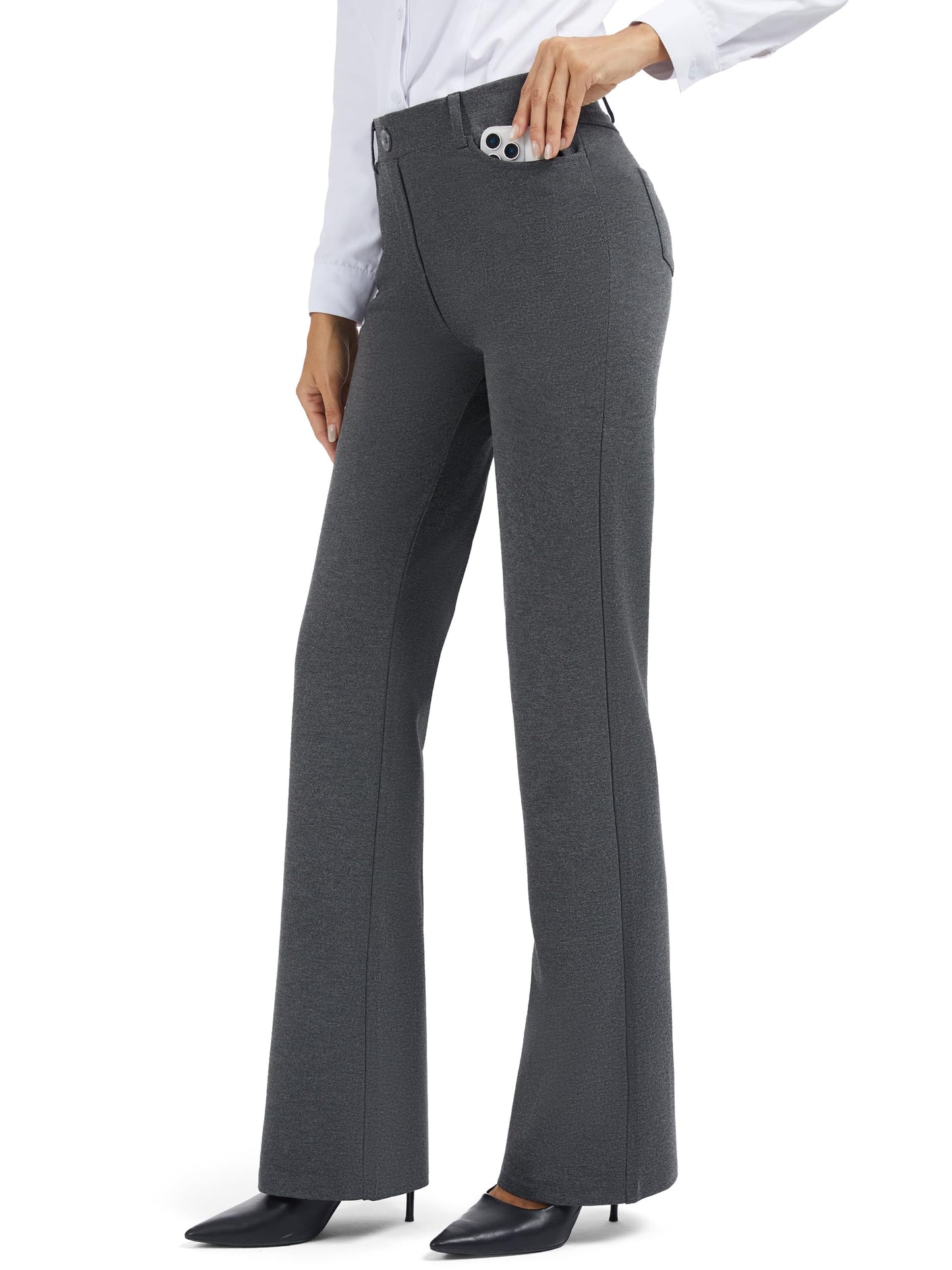 Tallemon Tall Womens Extra Long 38" Inseam Flared Dress Pants with Pockets Stretchy Work Utility Formal Slack, Charcoal, XXL