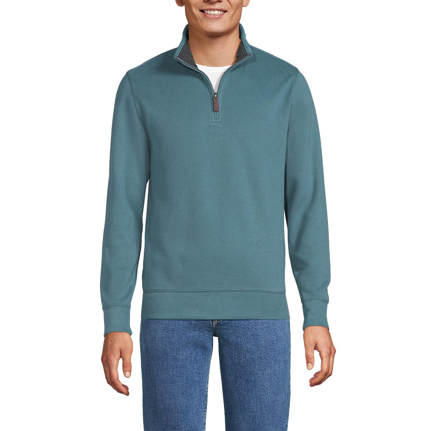 Lands' End Mens Bedford Rib Quarter Zip Sweater Rain Storm Blue Tall XX-Large