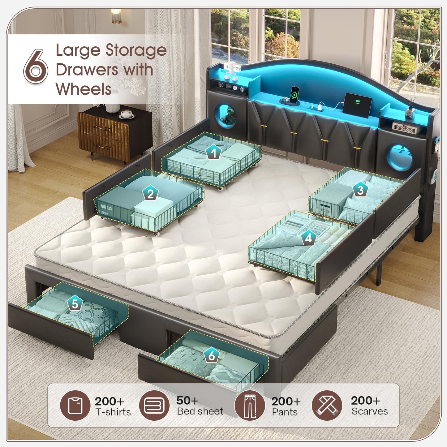 California King Bed Frames, Cal King Bed Frame with Storage Headboard & 6 Drawers, Platform Bed with with LED Lights & Charging Station, Noise-Free, No Box Spring Needed, Easy Assembly, PU Black