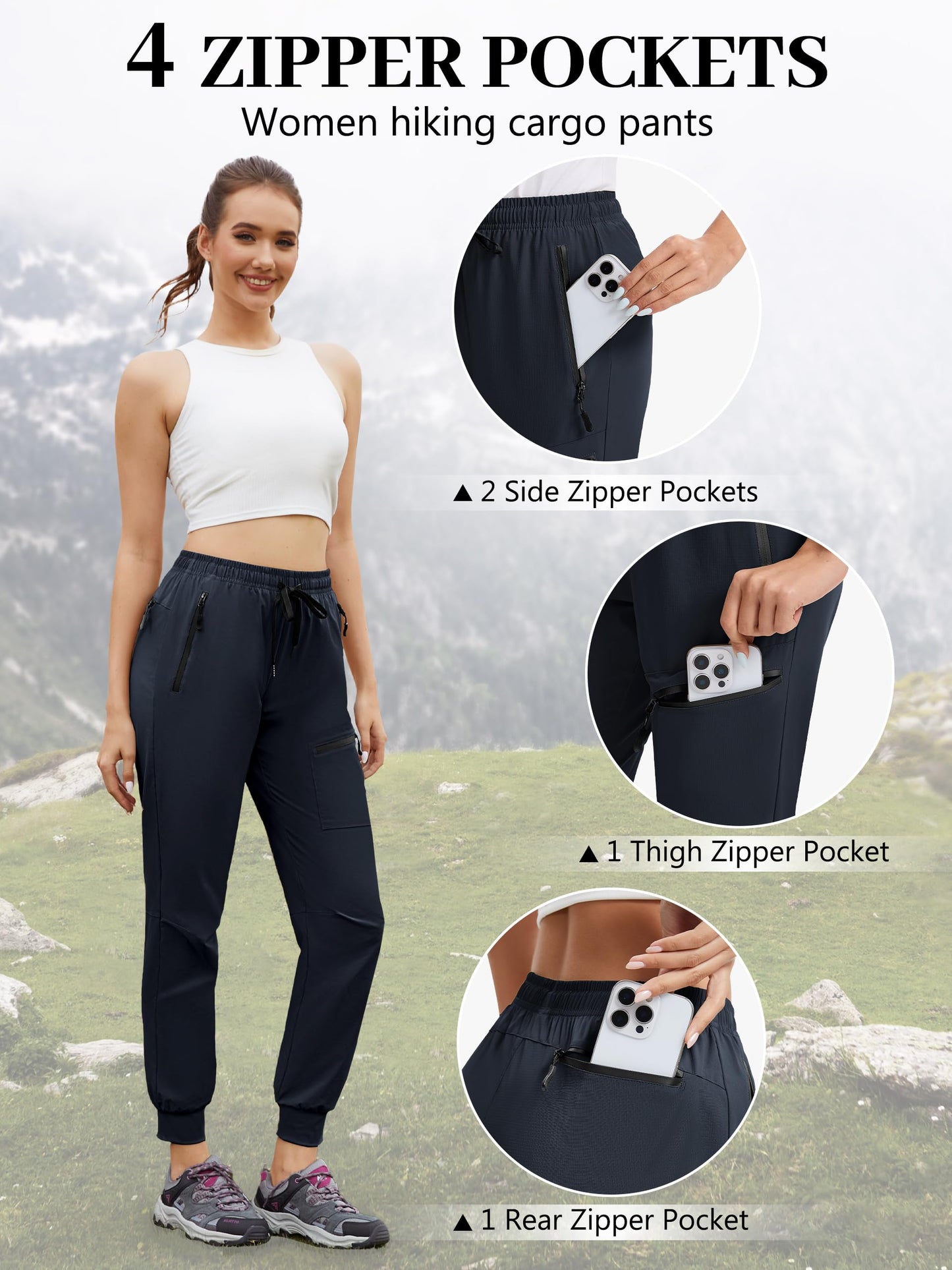 Tallemon Womens Tall Hiking Pants 30/32/34 Inseam Lightweight Joggers Quick Dry 4 Pockets Travel Athletic Cargo UPF50+ 34" Navy Blue Large