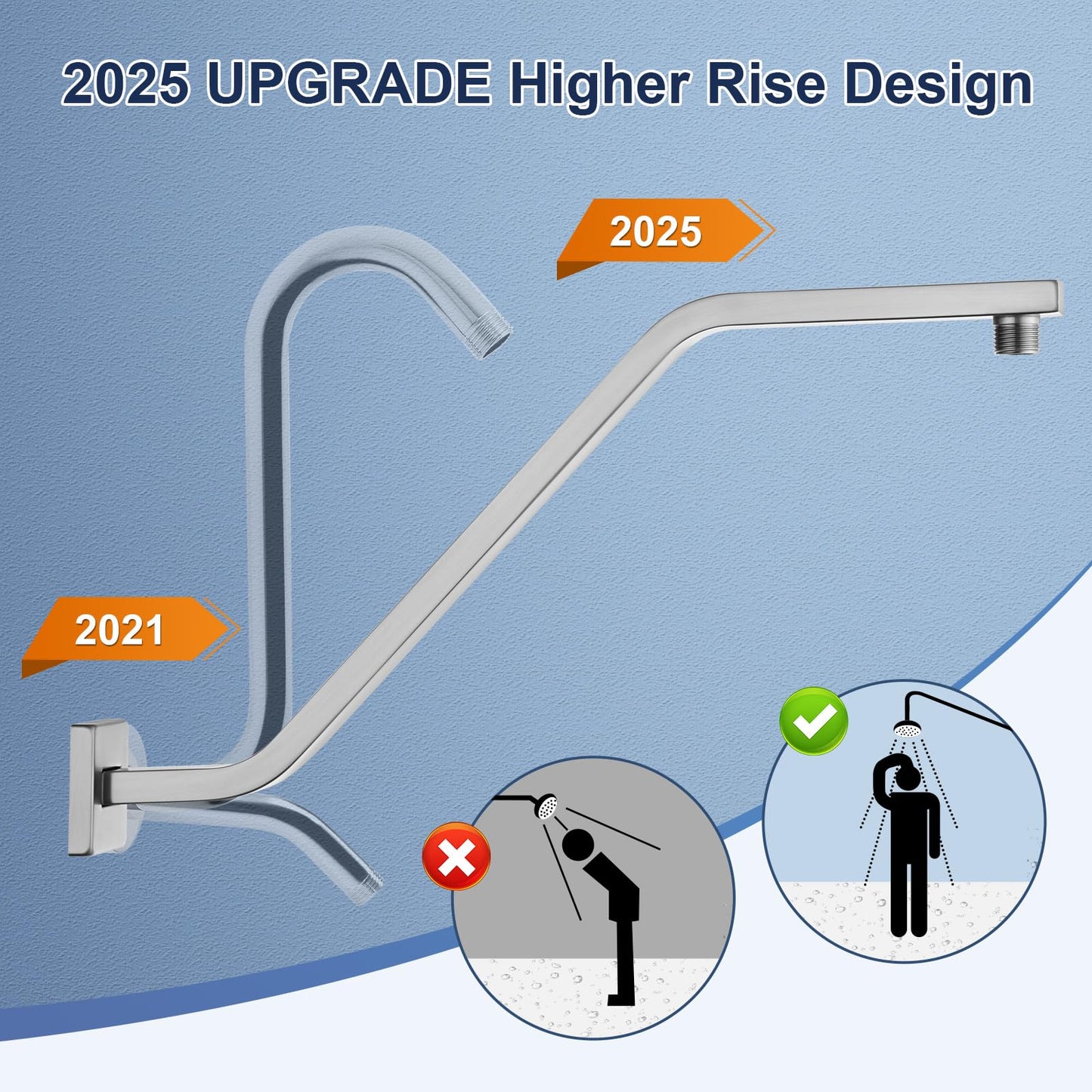 Square Shower Head Extension Arm with Flange, 16.5 Inch Z/S Shaped High Rise Shower Pipe Extender Wall-Mounted for Fixed Bathroom, Shower Head Goose Neck Arm - Extra Long Thread (Brushed Nickle)