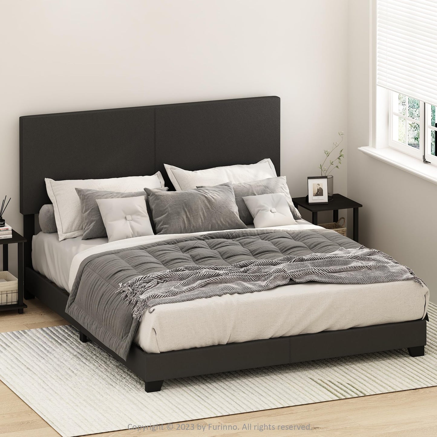 Furinno PESSAC Bed Frame, California King Size Bedframe with PU Leather Upholstery Headboard, Bed with Legs, Wooden Slat Support, Easy Assembly, for Bedroom, Dorm, Plain Black