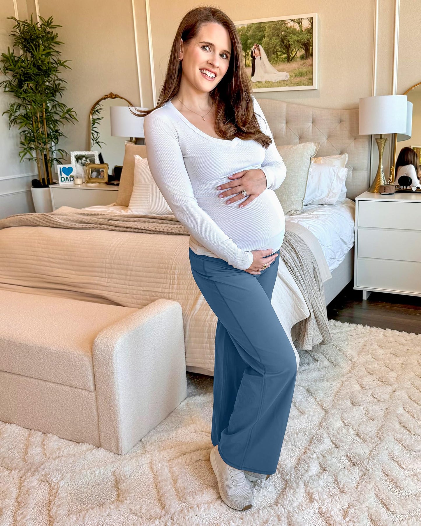 G4Free Maternity Pants for Work Over-Bump Soft Pregnancy Wide Leg Leggings Business Casual Slacks Office Wear(Blue Gray,XXL,32")