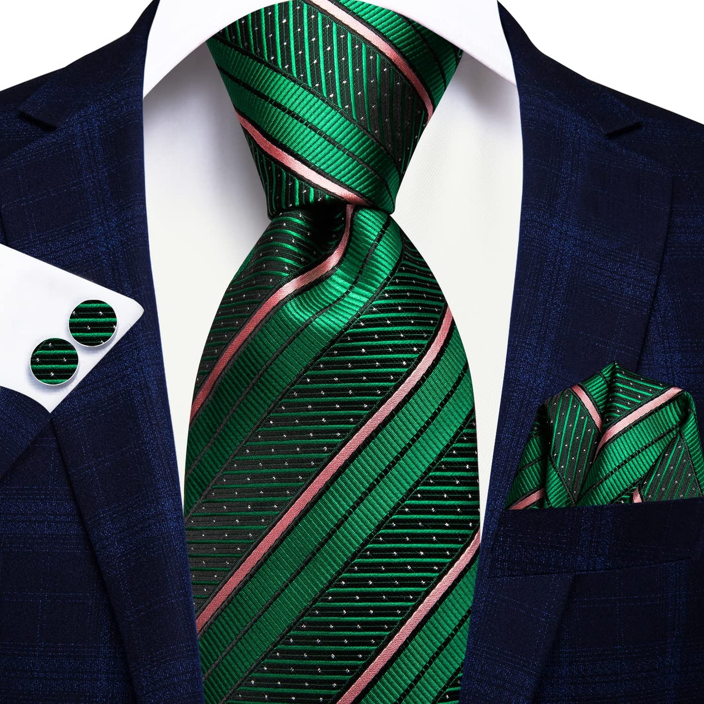 Hi-Tie Green and Pink Ties for Men 70'' Men's Extra Long Ties Set Silk Necktie and Pocket Square Cufflinks for Wedding