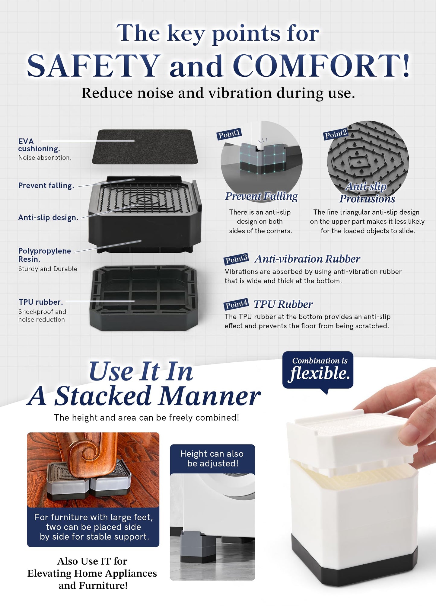 EclatBain Bed Risers Furniture Risers Heavy-Duty Rectangular Adjustable Block Lift to 3 inches and 4.3 inches Desk, Sofa, Chair Legs, Refrigerator, Washing Machine Support up to 4000 pounds