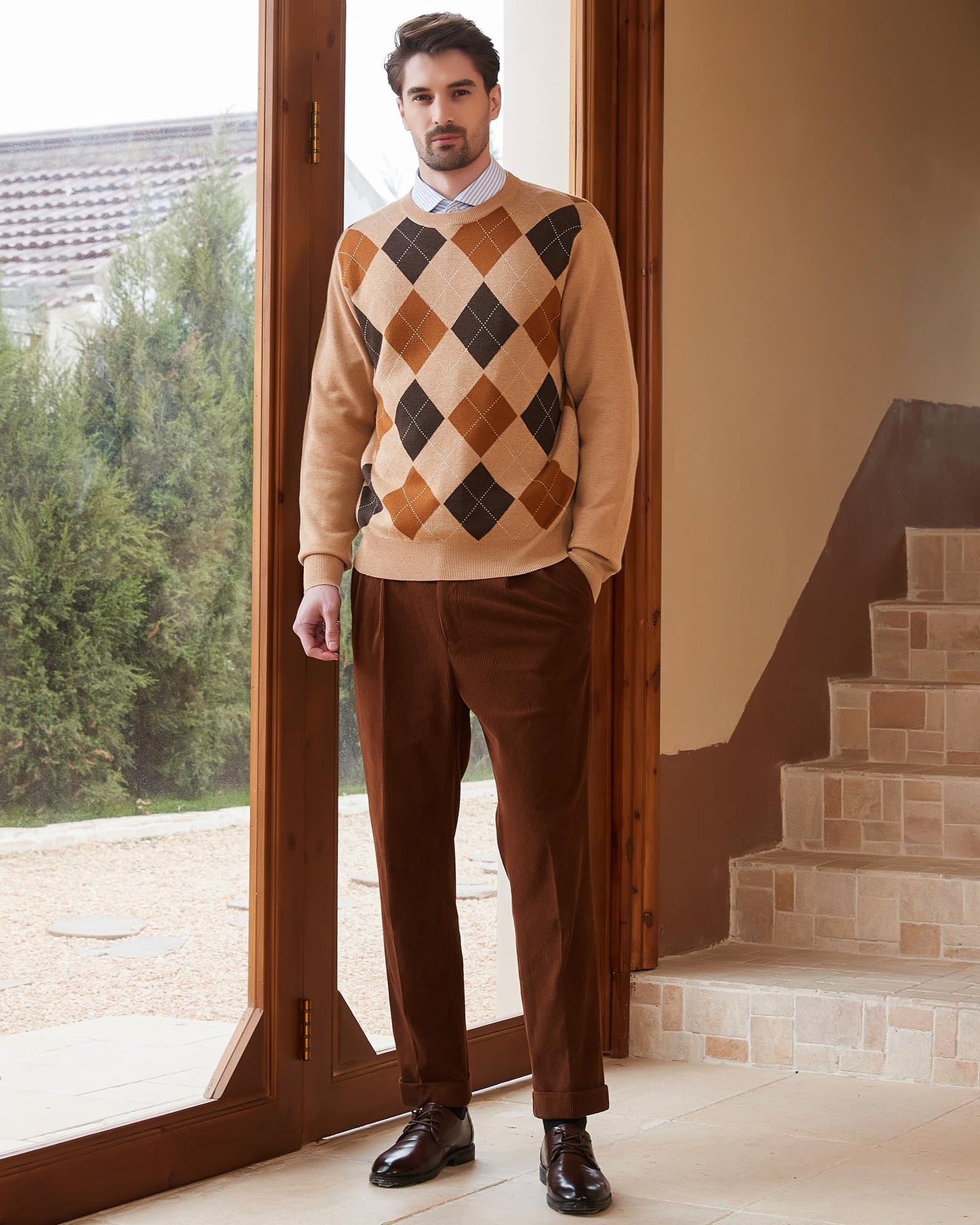Kallspin Men's Wool Blend Crewneck Sweater Argyle Long Sleeve Pullover Sweater for Casual Or Dressy Wear(Khaki,L-Tall)