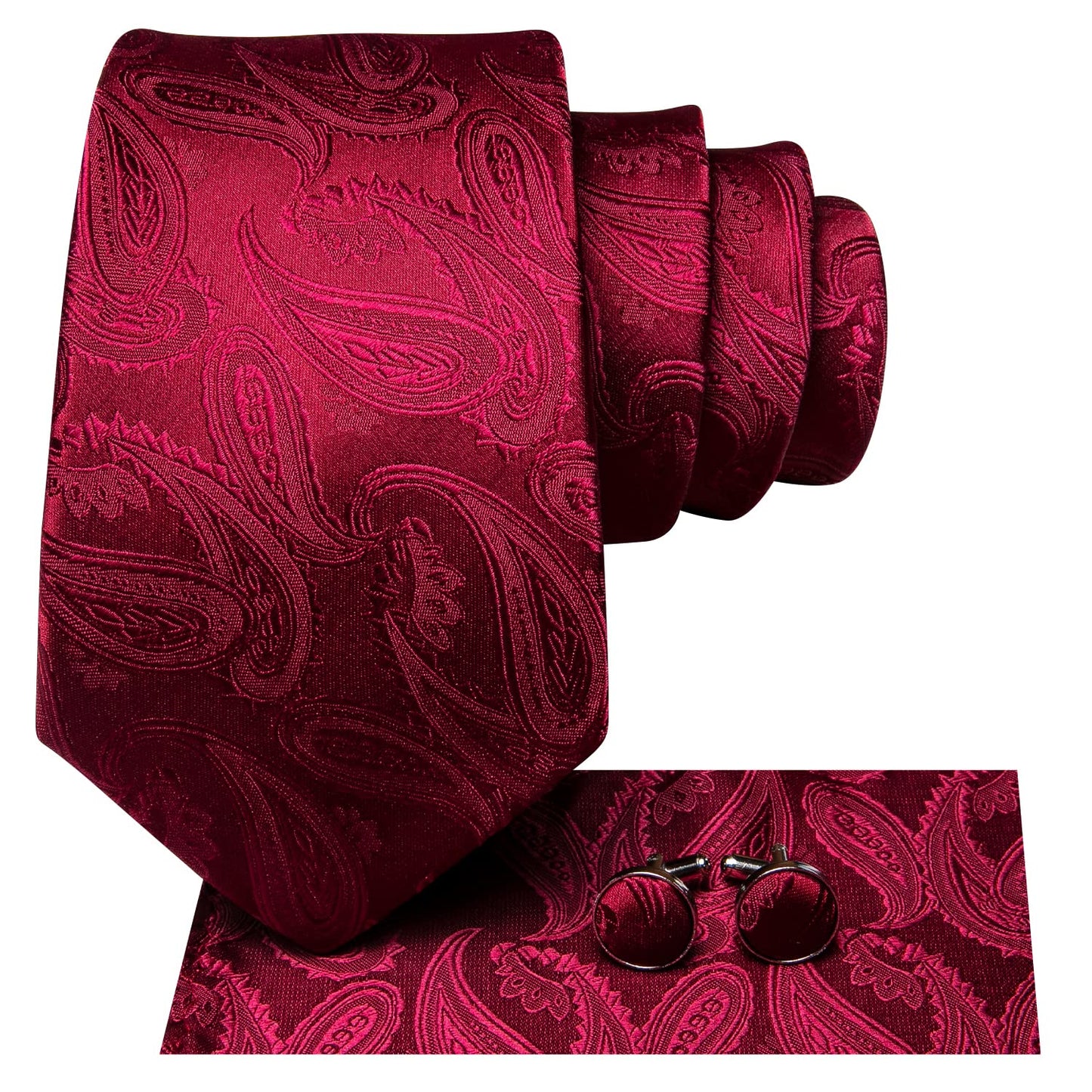 Hi-Tie 70'' Burgundy Ties for Men Silk Paisley Extra Long Men's Ties Set Necktie and Pocket Square Cufflinks for Wedding