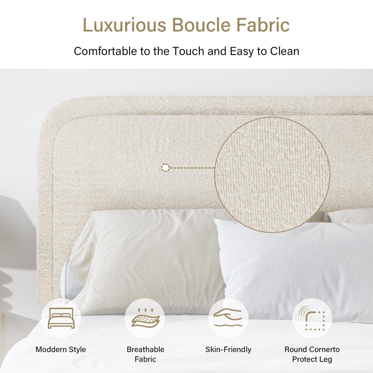 BarnFurin Boucle Upholstered California King Bed Frame/Soft Rounded Corners Headboard/Low Profile Bed Frame/No Box Spring Needed/Cream