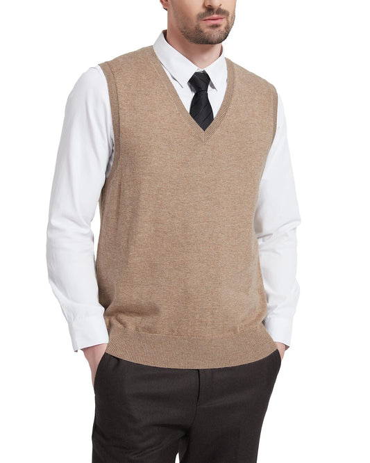 Kallspin Men's Big & Tall Wool Blended Vest Sweater Relaxed Fit V Neck Sleeveless Knitted Pullover (Coffee XL-Tall)