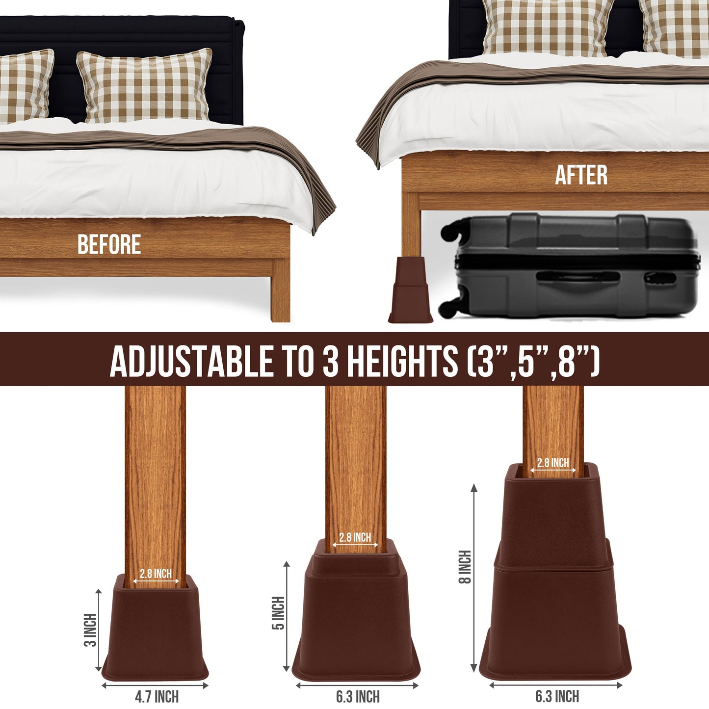 Utopia Bedding Adjustable Bed Furniture Risers - Elevation in Heights 3, 5 or 8 Inch Heavy Duty Risers for Beds - Supports up to 1,300 lbs - (Set of 4 Riser, Reddish Brown)