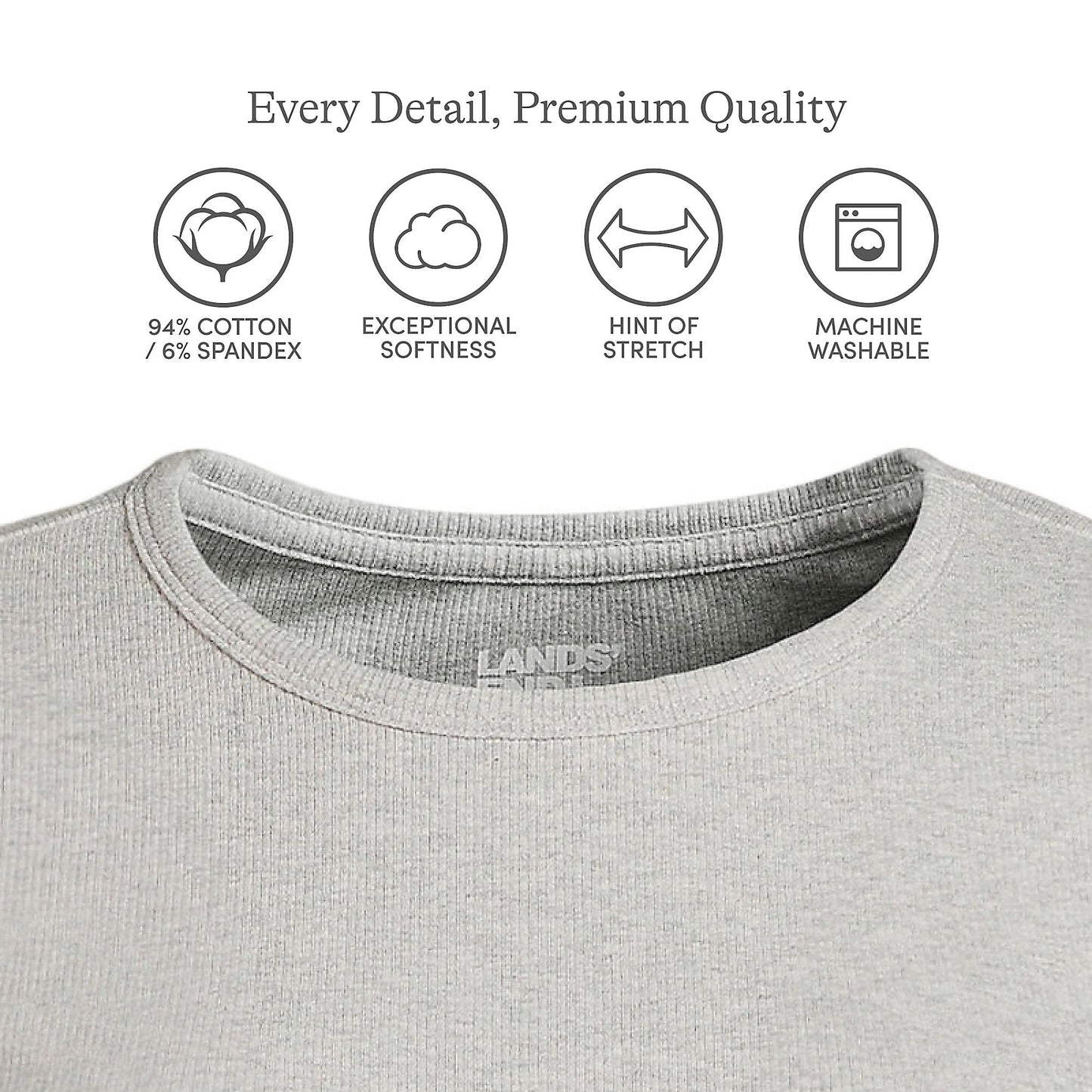 Lands' End Womens Long Sleeve Micro Rib Crew Gray Heather Tall Medium